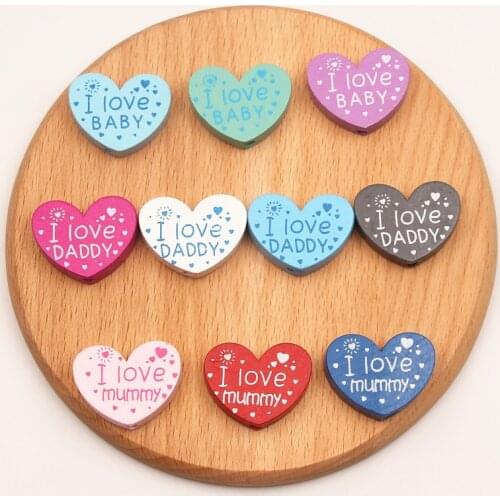 I Love BABY/DADDY/mummy)10pcs 23*29mm Natural Wood Heart Shape Wooden Beads For Jewelry Making Handmade Kids Findings DIY