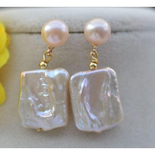 Z10899 25mm Pink Square Coin Round Freshwater Pearl Dangle Earring