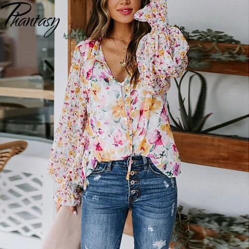 Phantasy New Women Floral Print Tops Fashion Lantern Long Sleeve Casual Loose Shirts 2021 Summer Sexy V-Neck Bandage Casual Top