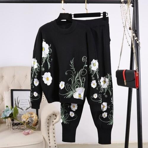 Autumn Winter Knitted Tracksuit Women Outfits Fashion Embroidery Flowers Sweater Pencil Pants Set Casual Black Knit Suit Female