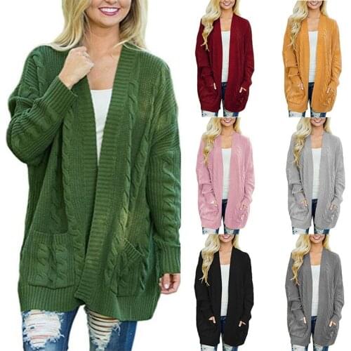 2020 New Autumn and Winter Sweater Womens Medium and Long Large Size Double Pocket Twist Knitting Cardigan
