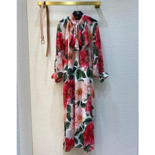 2021 runway spring women floral printed long sleeve belt dresses female bow collar maxi dress vestido feminino y403