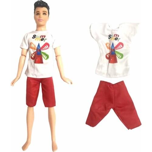 NK 1 Pcs Men Summer Outfit White Shirt Red Pants Fashion Pattern Outfit for Barbie Doll Boyfriend For Ken Doll Accessories Toys