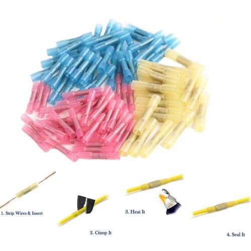 100PCS Assorted Electrical Wire Terminal Heat Shrink Butt Crimp Terminals Red Waterproof Insulated Seal Wire Connectors Kit
