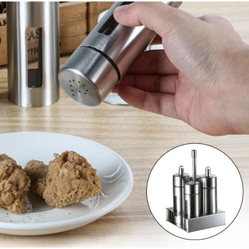 4 Pcs Stainless Steel Spice Jars Set with Storage Rack Cruet Condiment Salt and Pepper Seasoning Cooking Bottle Practical
