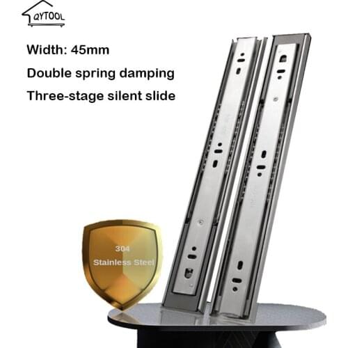 45 Width Stainless Steel Three Section Sliding Rails Furniture Hardware Soft Close Track Cushioned Silent Closing Drawer Slides