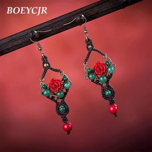 BOEYCJR Ethnic Vintage Rose Stone Bead Braided Rope Dangle Earrings Jewelry Elegant Drop Hook Earrings For Women Gift 2019