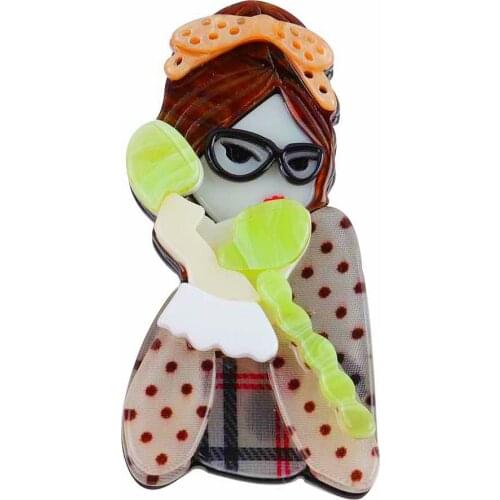 New Design Lovely Girl Answering Phone Acrylic Brooches And Pins Cute Lady Big Resin Brooch Badges Fashion Women Party Jewelry