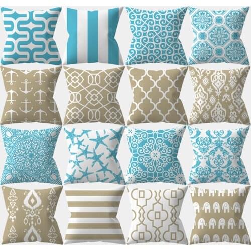 Blue Khaki Geometry Cushion Cover Mandala Single Side Print Decorative Throw Pillows Cover Sofa Cushions Pillowcases Polyester
