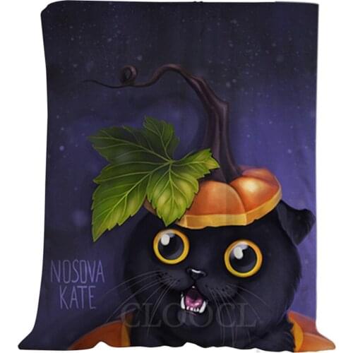 CLOOCL Halloween Theme Flannel Blankets Cute Kitten Pumpkin Hat Print Halloween Blanket Keep Warm Plush Quilts Gift For Festival