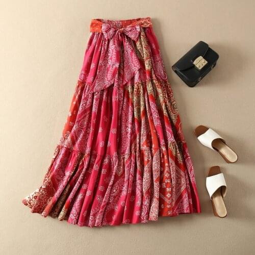 Cotton 100% Boho Style Print Patchwork Midi Skirt Features Waist With Bow Tie - Fall 2019 New Women/Ladies Tropical Resort Skirt