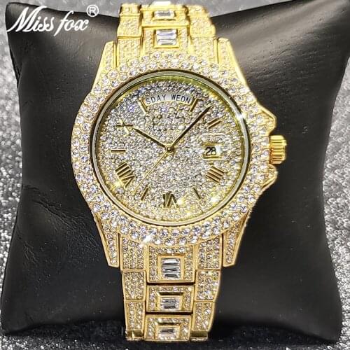MISSFOX Men Watches 18K Gold Luxury Iced Out Diamond Multifunction Date Adjust Watch Auto Calendar Week Display AAA Quartz Clock