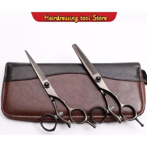 6" 17.5cm 440C Customized Logo Black Professional Barber Shop Cutting Shears Thinning Scissors Hair Scissors Swivel Handle C9019