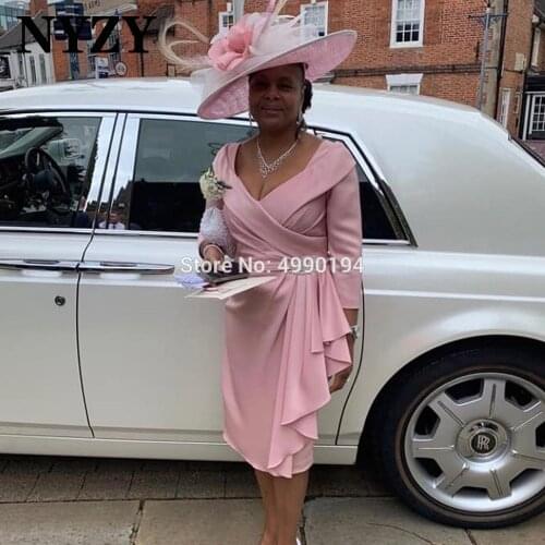 NYZY M305 Elegant 3/4 Sleeves Ruffles Satin Pink Short Mother of the Bride Dresses 2020 Wedding Party Dress Formal Dress