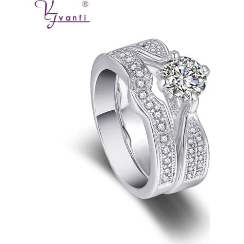Silver Color Wedding Band Jewelry Flash White Zircon Rings Engagement Double Rings For Women