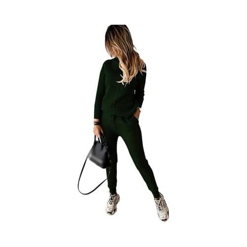Autumn Winter Fashion New Women Tracksuit Solid Color Striped Turtleneck Sweater Elastic Trousers Suits Knitted Two Piece Set