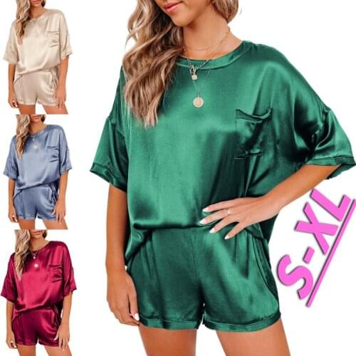 Pajamas and Housewear Kuelawear Pure Color Irregular Two Piece Suit Womens Casual Short Sleeve Shorts Loose Fashion Round-neck