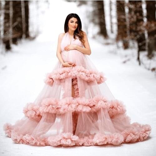 Extra Puffy Tulle Maternity Dress for Photo Shoot or Babyshower Ruffled Tulle Halter Pink Maternity Robes Women Gown Photography
