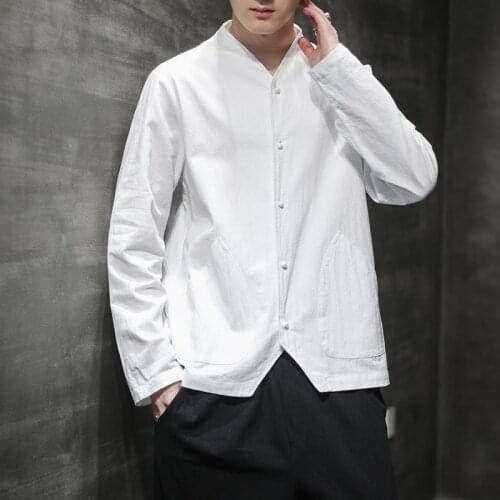 Chinese Style Autumn Long Sleeve Shirt Loose Cotton Linen Buttoned Clothes Men Clothing Ethnic Shirts Casual Black Tops Male