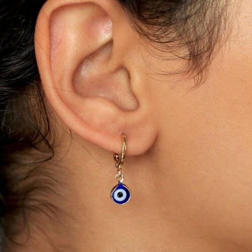 Evil eye earrings, small hoops, dainty earrings, huggie hoops, blue earrings, gold plated earrings