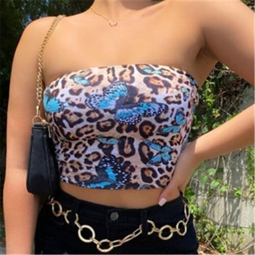 Sexy Women Tube Top Summer Leopard Butterfly Pattern Print Slim Fit Strapless Bra Fashion Sleeveless Cold Shoulder Crop Tank Top