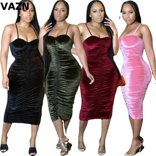 VAZN New 2021 Solid Party Sleeveless Dress Pleated Strap Sexy Regular Dress Women Elegant Fashion Dress Slim Dress