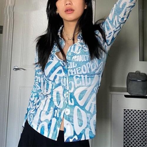 Fashion Letter Print Long Sleeve Shirts Women Sexy V-Neck Y2K Autumn Summer Casual Crop Tops 2021 Blue Black