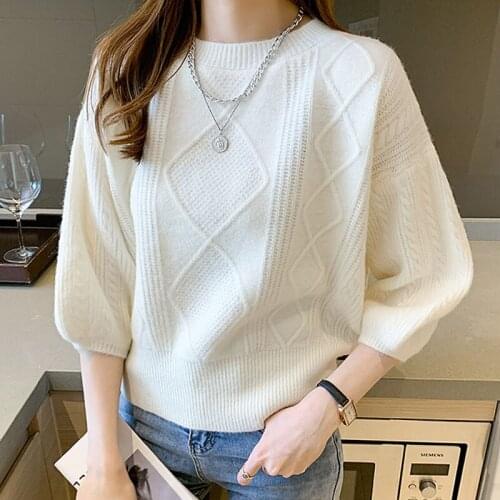 Winter Tops for Women 2020 Fall Winter Pullover Thick Retro Korean Elegant Fashion Loose Sweater White Solid Puff Sleeve 1147