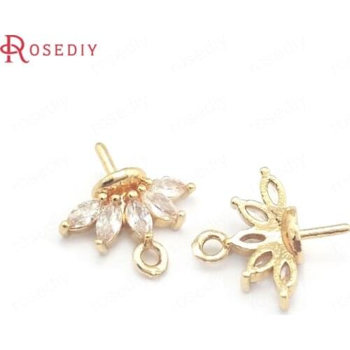 39929)10PCS 13x14MM 24K Champagne Gold Color Brass and Zircon Half Pin Flower Charms Pendants Jewelry Making Supplies Findings