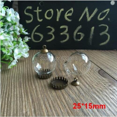 Freeshipping Fashion 25*15mm Glass bubble globe & crown bae setting &6mm cap&70cm necklace Set glass bottle vials pendant DIY