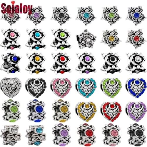 Seialoy 9 Color Rhinestone Vintage Star Beads Heart Big Hole Silver Color Beads Fit Diy Bracelets Jewelry Making Accessories
