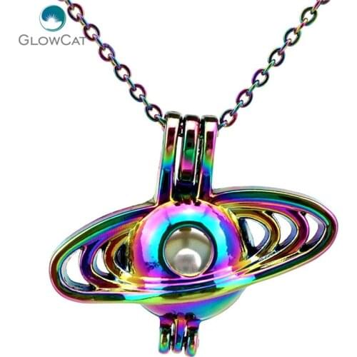 C752 Rainbow Color Celestial Body Orbit Beads Cage Pendant Aroma Essential Oil Diffuser Locket Necklace