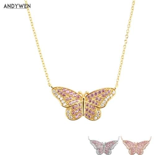 ANDYWEN 925 Sterling Silver Gold Butterfly Luxury Pink Clear Long Chain Necklace 2021 Fine Jewelry Crystal CZ Spring Jewelry