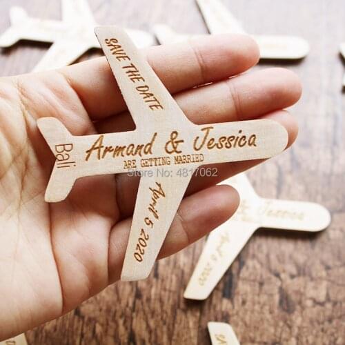 Wooden save the date invite magnets, rustic wedding, Wedding Abroad Wood Save The Date Aeroplane shaped magnets wooden wedding