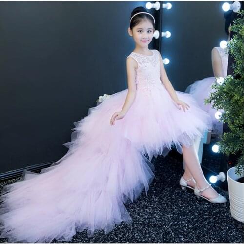 Long Trailing Princess Girl Wedding Dress Lace Long Kids Girl Dress For Girl Piano Performance Birthday Party Flower Girl Dress