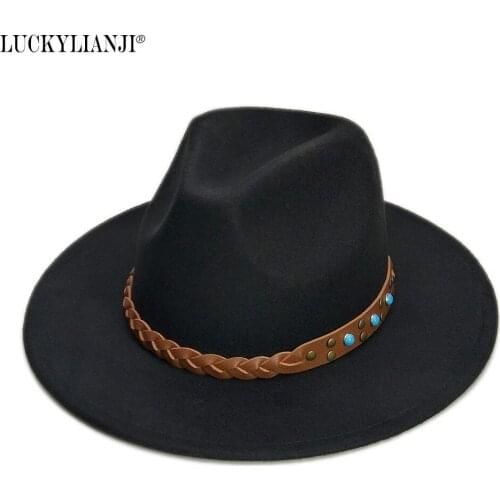 LUCKYLIANJI Retro Wool Felt Women Men Solid Color Panama Fedora Bowler Hat Gangster Turquoise Belt Cap (Size:57cm,Adjust Rope)