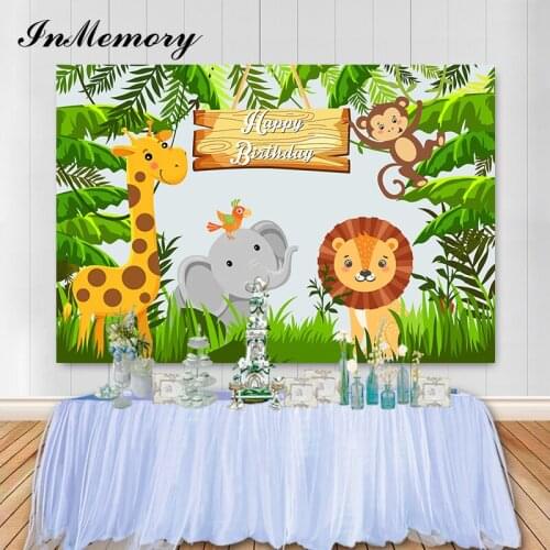 Inmemory Green Forest Baby Animals Safari Jungle Party Photography Background Kids 1st Birthday Backdrop For Photo Studio Custom