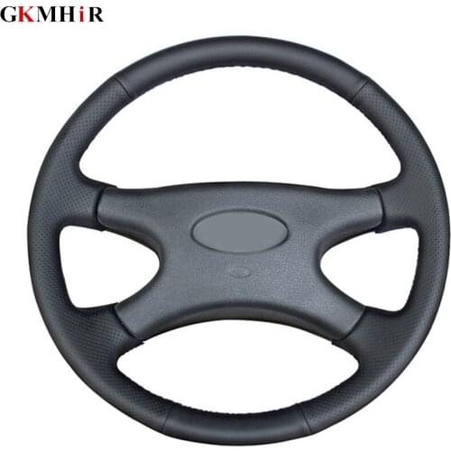 GKMHiR DIY Hand-stitched Black Genuine Leather Car Steering Wheel Cover for Lada Niva 2006-2017 2107 1997-2012