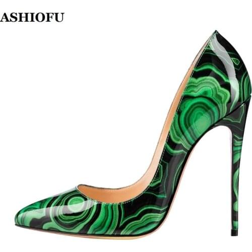 ASHIOFU Classic Ladies High Heel Pumps Night-club Party Prom Dress Shoes Slip-on Printing Leather Evening Fashion Court Shoes
