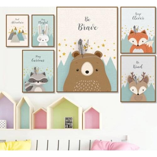 Bear Rabbit Fox Deer Nursery Wall Art Canvas Painting Cartoon Nordic Posters And Prints Wall Pictures Girl Boy Kids Room Decor