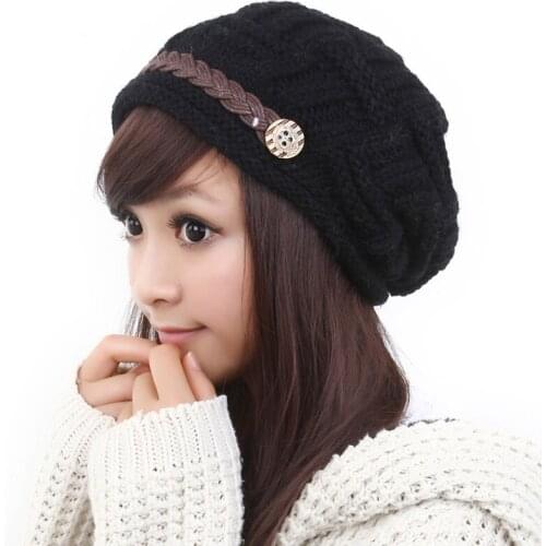 Mingjiebihuo New fashion Korean rersonality button wool hat female autumn and winter warm cute comfortable earmuffs knitted hat
