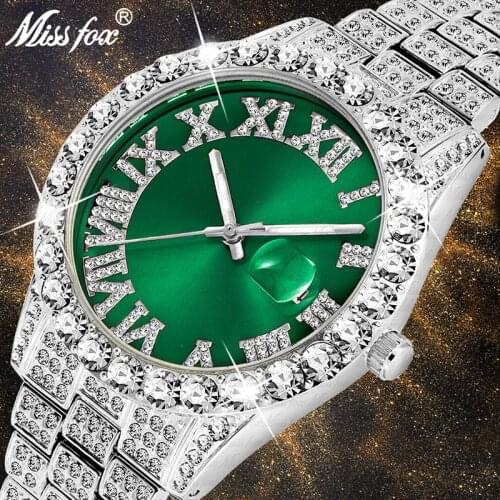 MISSFOX 2020 Fashion Green Dial Mens Watches With Stainless Steel Top Brand Luxury SliverChronograph Quartz Watch Men Relogio