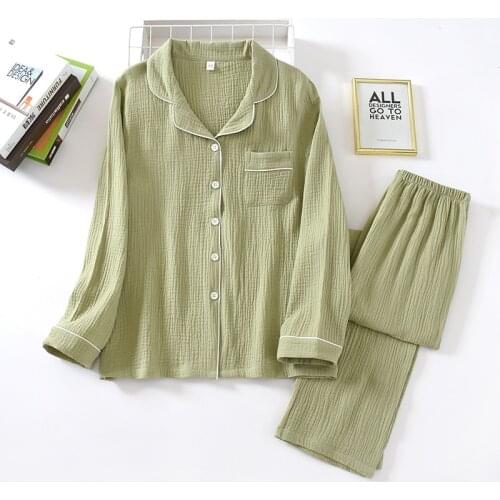 New spring and autumn pure cotton crepe cloth couple soft and breathable men long-sleeve simple home service women two piece set