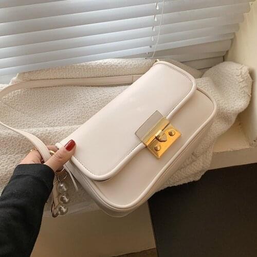 Solid Color PU Leather Flap Crossbody Bags for Women 2021 Travel Handbag and Purses Fashion Simple Shoulder Simple Bag Pearl