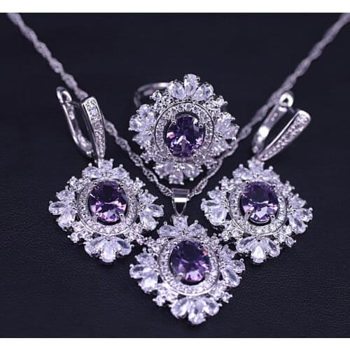 Romantic Present For Best Love Purple Crystal & CZ Silver Color Bridal Jewelry Earrings Ring Necklace Set Pretty Flower Set