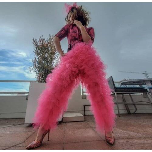 Chic Fuchsia Ruffles Tiered Tulle Women Bottom Summer Long Women Pant Elastic Waistband Custom Made Female Clothing