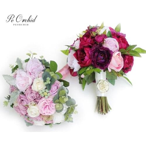 PEORCHID Purple Bridal Bouquet De Pivoine Gelin Buketleri Wedding Bouquets Silk flowers Bouquet For Bridesmaids