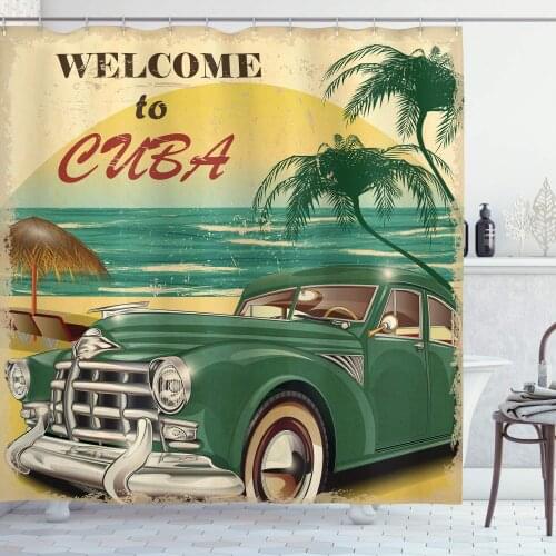 Retro Shower Curtain Welcome To Cuba Car Beach Landscape Bathroom Decor Polyester Fabric Bathtub Curtain With Hooks Waterproof