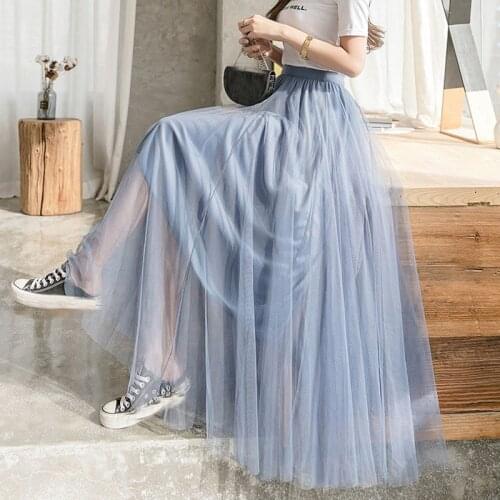 Pink Gray 98cm Long Maxi Ankle Length Tulle Skirt Womens 2020 New Spring Summer High Waist Pleated School Mesh Tutu Skirt Female