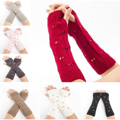Female Hand Warmer Mittens Solid Hollow Heart Fingerless Long Gloves Jacquard Weave Crochet Knitting Stylish Half Finger Sleeves